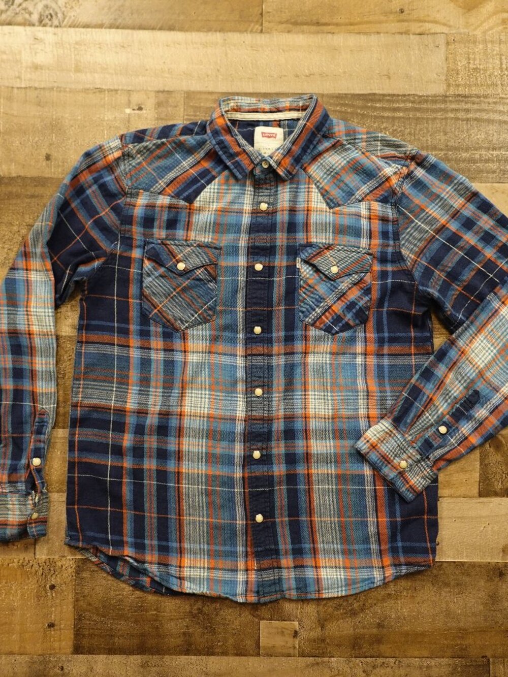 Levi’s Western Plaid Pearl Snap Shirt Men’s Large Blue Orange Cowboy
